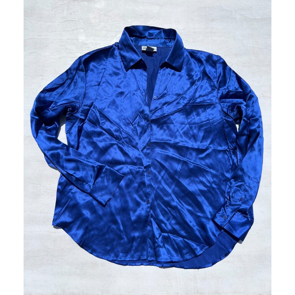 Style & Co Collection 100% Silk Blouse Size 12 Royal Blue Long Sleeve Shirt Top